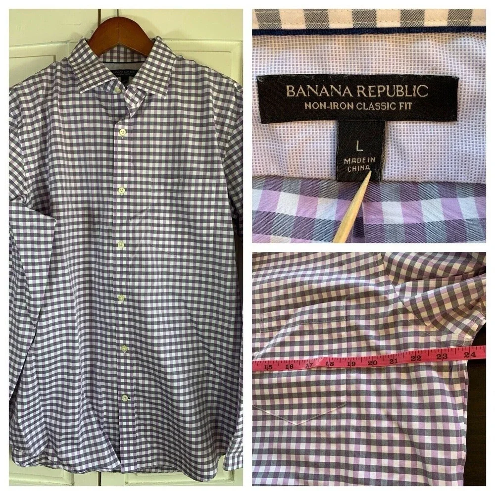 Banana Republic Shirt Mens Large Purple White Checks Preppy Easter Office Casual